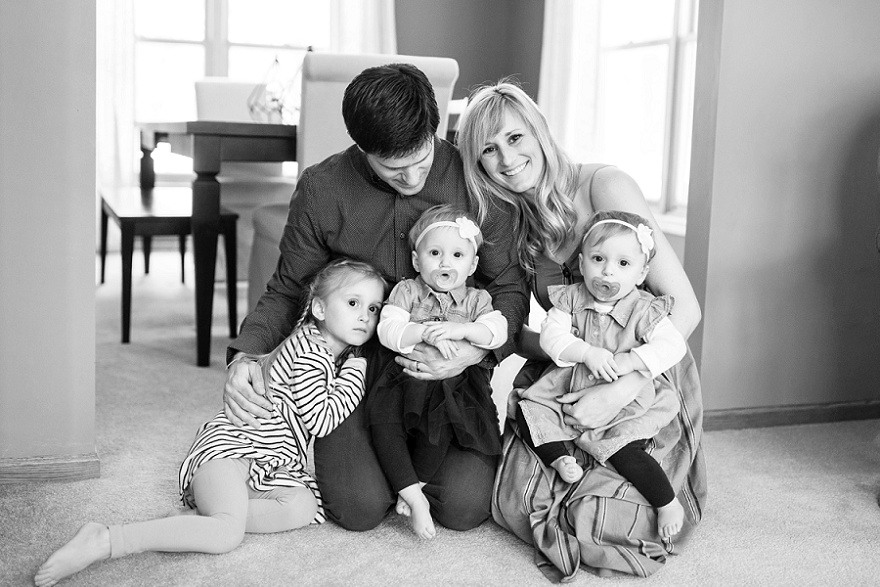 black and white family photo in home