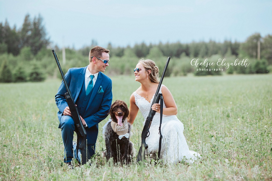 Bride & Groom & Hunting Dog Shotgun portrait