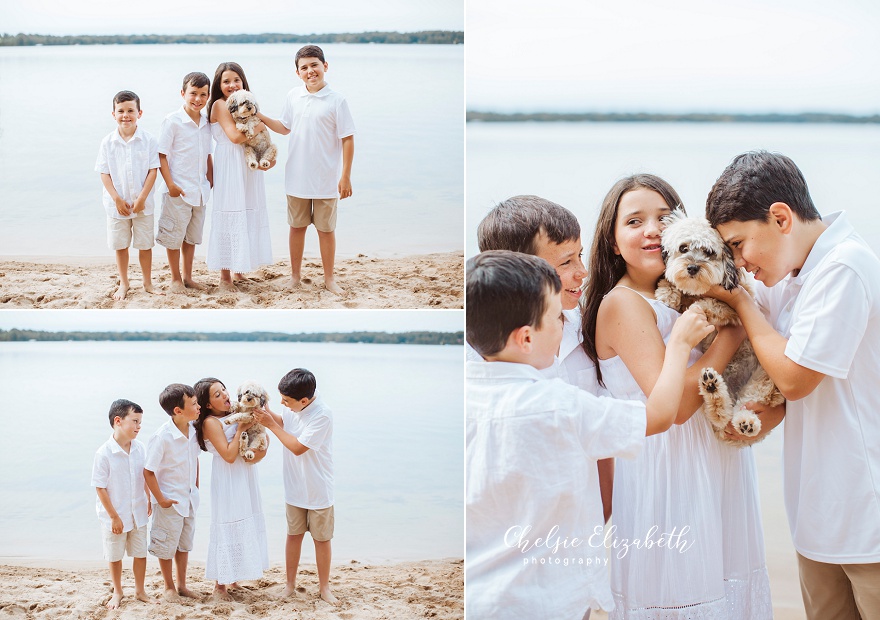 kids and their puppy on the beach