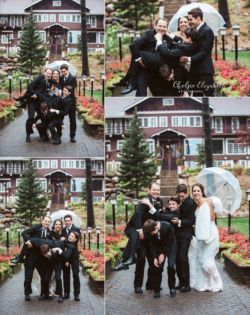 silly family portraits on wedding day