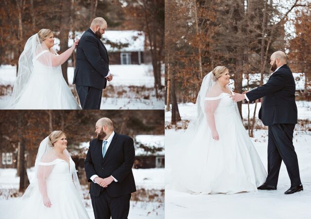 Bride and groom seeing each other for winter wedding