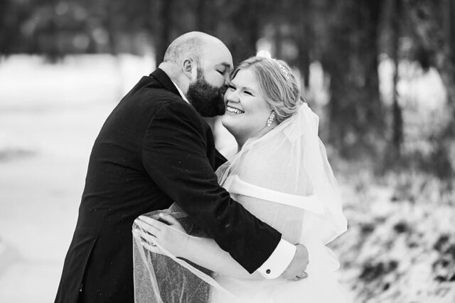 black and white portrait of a bride and groom