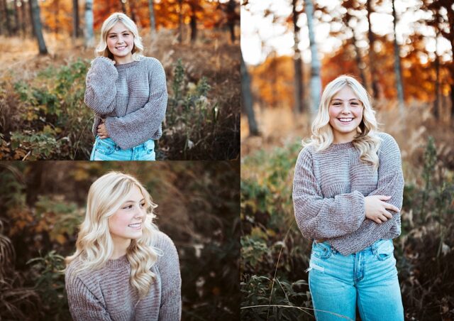 senior portrait of girl in the fall in the woods