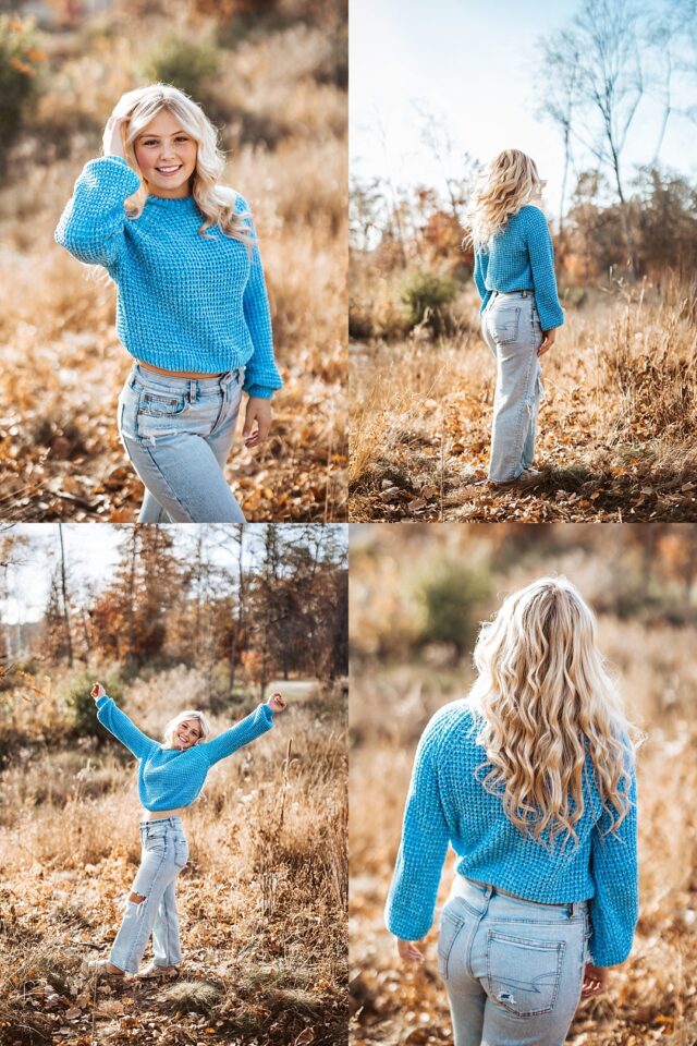 happy senior portraits in the fall at grand view lodge.  Girl is wearing a blue sweater