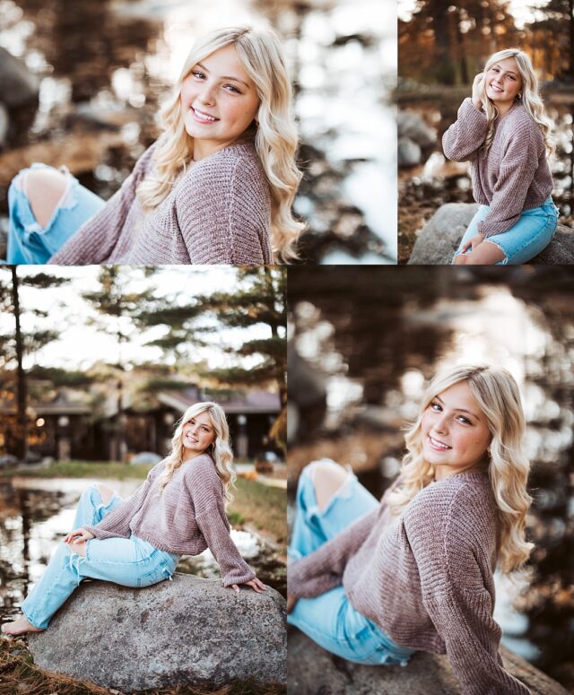 grand view lodge senior portraits in the fall.  The girl is wearing a brown sweater and jeans