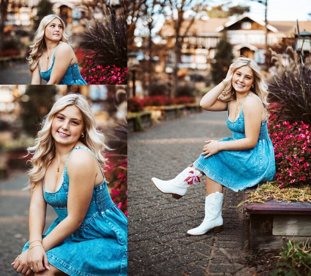 female senior photos at grand view lodge.  Model is wearing a denim dress and white boots