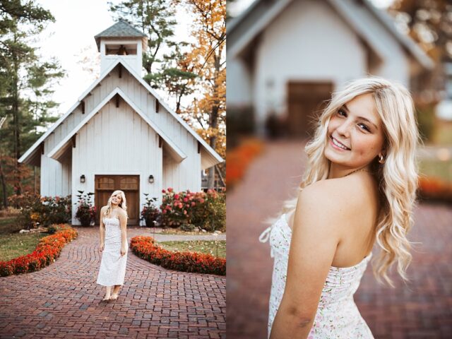 High school senior portrait in front of the chapel at Grand View lodge in nisswa mn