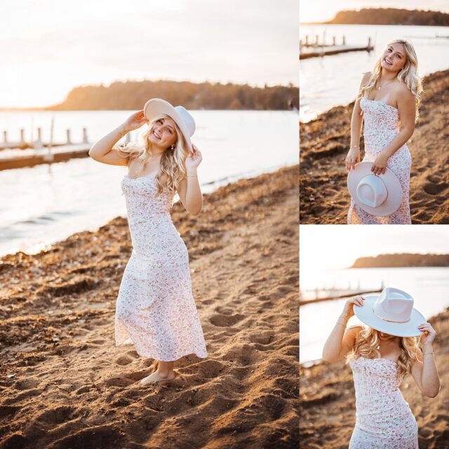 beach senior portrait in sundress on Gull Lake in Nisswa MN