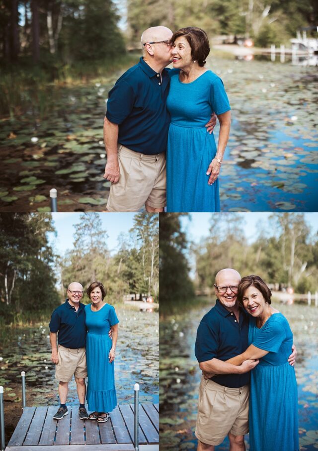 husband and wife posing for professional portraits on a dock at Boyd Lodge in Crosslake MN