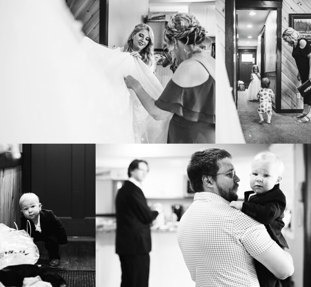 black and white candid images of a family getting ready for a wedding at grand view lodge in nisswa mn