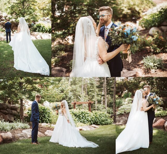 a handsome groom seeing his beautiful bride for the first time