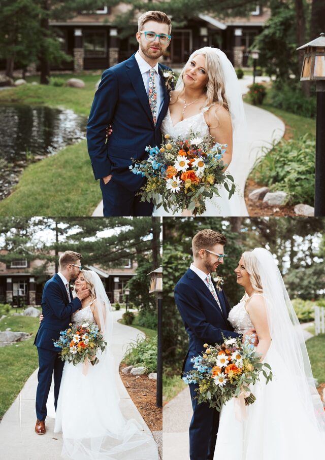 a bride and groom with beautiful flowers outside at Grand View Lodge in Nisswa MN