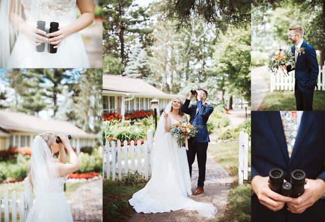 a bride and groom looking through binoculars on their wedding day in Nisswa MN