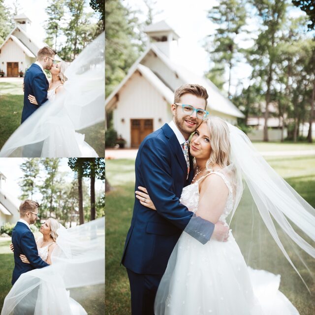 beautiful wedding veil photos of a bride and groom at the Chapel at Grand View Lodge