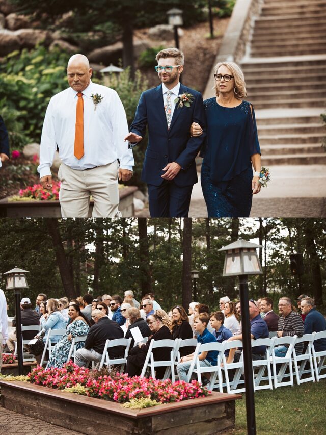 a groom and his parents walking down the aisle at the staircase at Grand View lodge in Nisswa MN