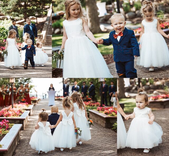 flower girl and ring bearer kids at the stone stairs at Grand View Lodge