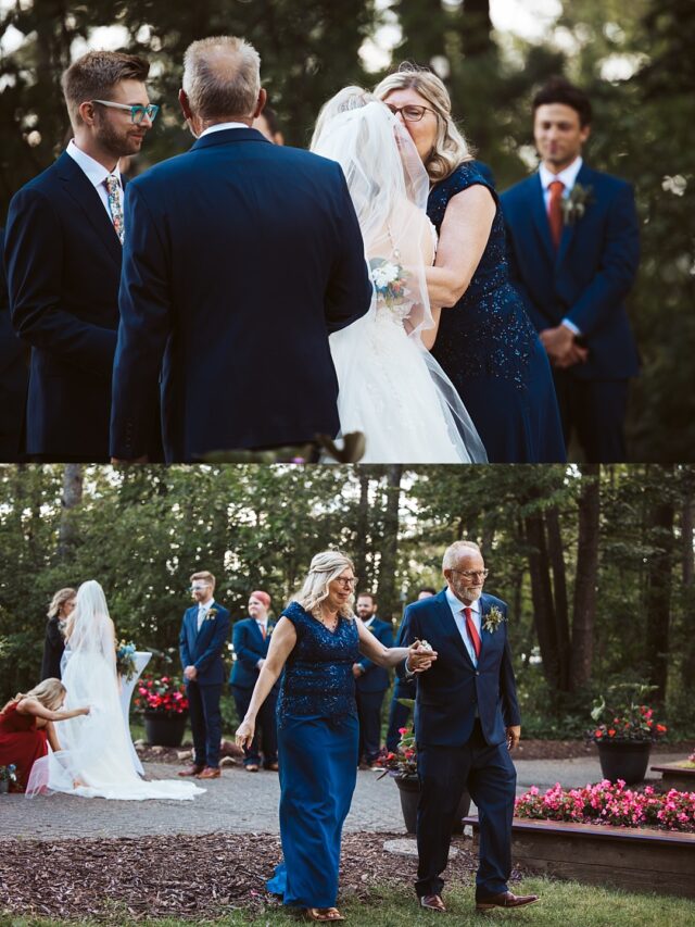 parents giving their daughter away at an outdoor wedding ceremony at Grand View Lodge