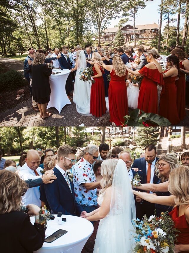 Praying over a bride and groom during their wedding ceremony