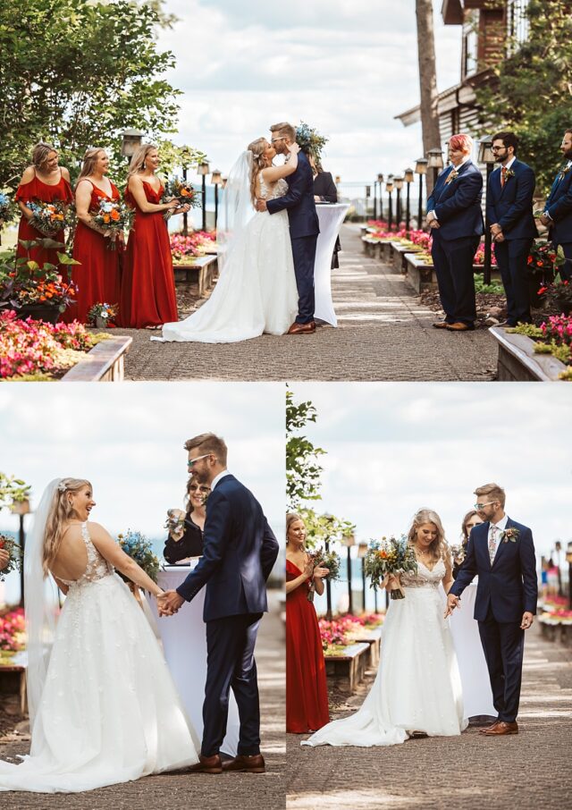 The first kiss for a bride and groom