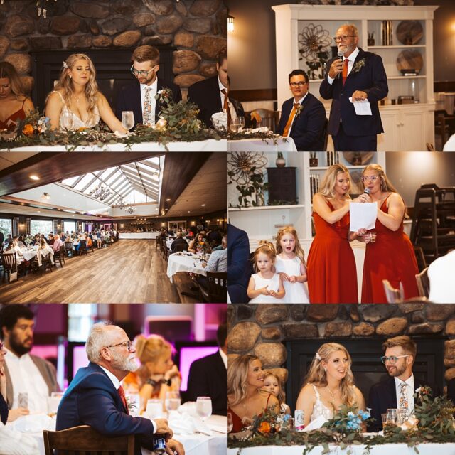 a collage of moments during a wedding reception at Grand View Lodge