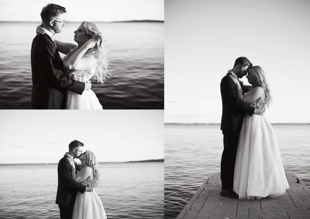 black and white photos on the dock at Grand View lodge on Gull Lake in Nisswa MN