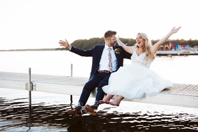 a happy bride and groom celebrating their wedding day at grand view lodge