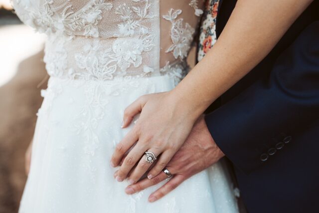 bride and grooms hands showing their wedding rings 